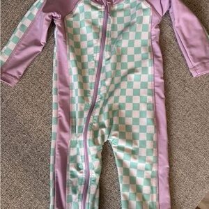 Caden Lane One-Piece Rash Guard Swimsuit - Lavender & Mint Check